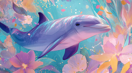Graceful dolphin swimming through vibrant underwater flowers in a serene ocean setting