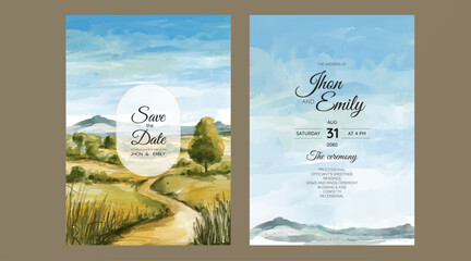 wedding invitation with mountain view watercolor background	
