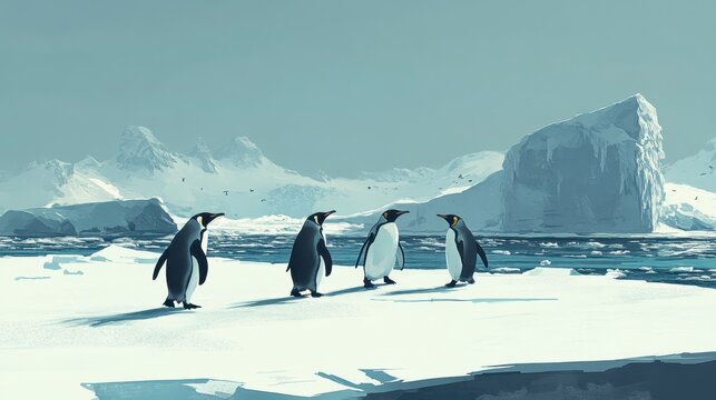 Four king penguins walking on Antarctic ice floe near iceberg and mountains.