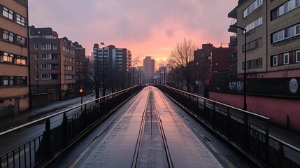 Fototapeta premium A wet city street at dawn, viewed from a bridge, with a vibrant sunset in the distance. Buildings line the street on either side