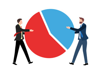 Market share percentage of industry sale, business competitor fight or battle to gain more sale concept, businessman fighting for more market share pie chart.