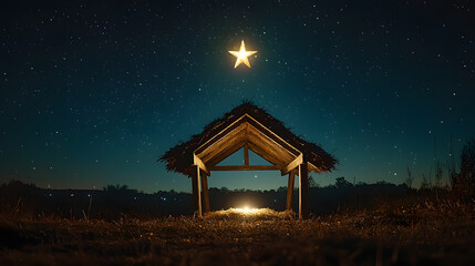 The star shines over the manger of Christmas of Jesus Christ. Concept