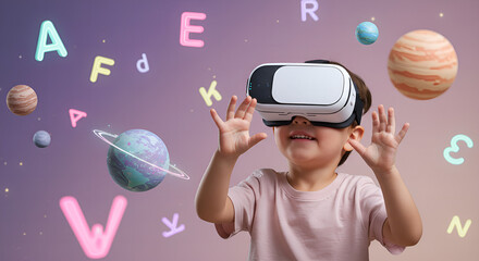 A happy little boy wearing a virtual reality headset, interacts with letters and planets. 
