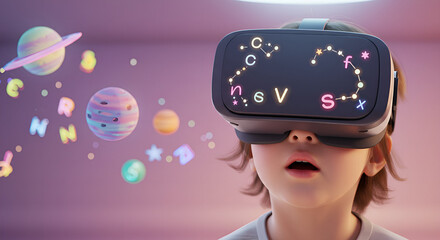A happy little boy wearing a virtual reality headset, interacts with letters and planets. 