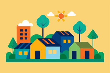 Here's a single sentence for naming an image combining house and tree, vector illustration of a city, vector illustration of a house and other specified words, under 200 characters:

Cartoon vector il