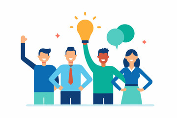 Business people and a businessman with an idea bulb, symbolizing teamwork, communication, and success
