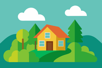 Here's a single sentence to describe the image:

Vector illustration of a charming village house nestled in a summer forest landscape with trees and a clear sky