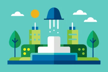 Gordijnen Cartoon vector illustration of a charming city landscape with houses, buildings, trees, and a bright sky © Partho