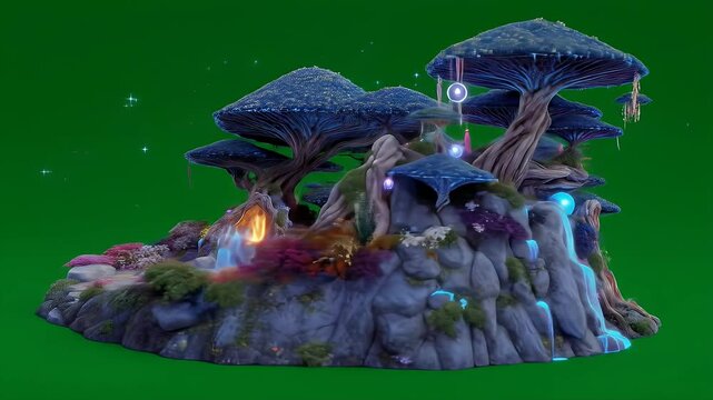 Fantasy Landscape with Luminous Sapphire Trees Pink Accents Waterfall and Rugged Rocks Isolated on Green Screen