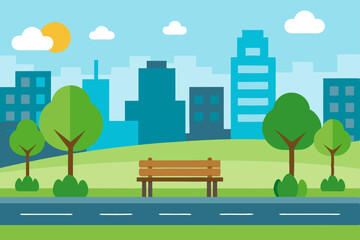 Vibrant urban landscape vector illustration of a city street with green trees and buildings under a summer sky, blending architecture and nature