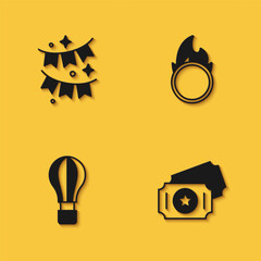 Set Carnival garland with flags, Circus ticket, Hot air balloon and fire hoop icon with long shadow. Vector