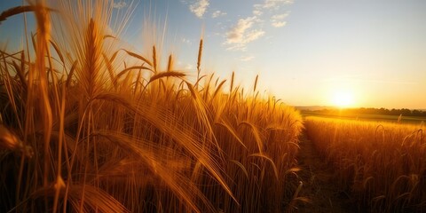 Naklejka premium Golden Wheat Field Sunset Long Exposure