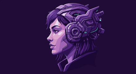Futuristic cybernetic woman with short dark hair in profile with metallic head structures