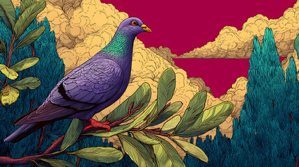 A vibrant pigeon perched on a leafy branch against a surreal, colorful sky backdrop