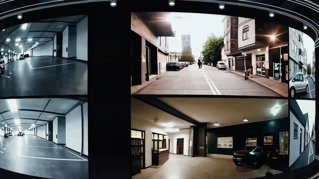 Multi-screen CCTV video wall showing rotating security camera footage for surveillance and monitoring