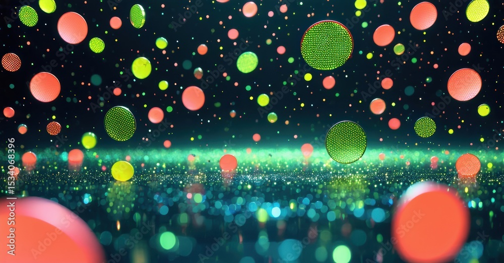 Poster abstract colorful spheres float within dark space. bright green line separates upper, lower sections