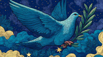 A vibrant blue dove gracefully flying through a starry night sky, holding an olive branch