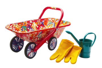 Vibrant gardening tools collection featuring a colorful wheelbarrow, gloves, and watering can for enthusiastic gardeners in a bright indoor setting