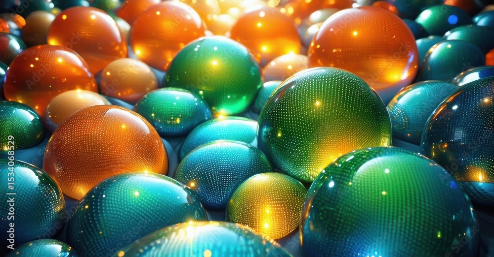 Poster colorful spheres fill frame. bright reflections, vibrant hues create dazzling visual texture. depth 