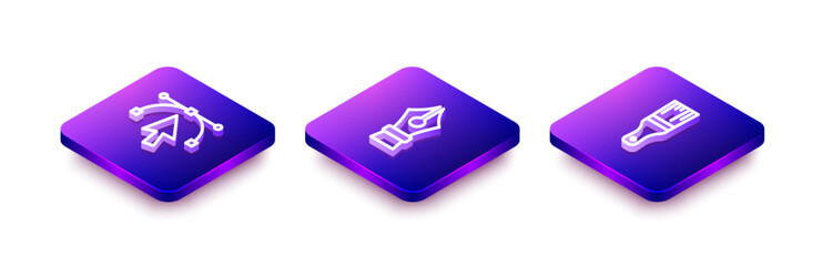 Set Isometric line Bezier curve, Fountain pen nib and Paint brush icon. Vector
