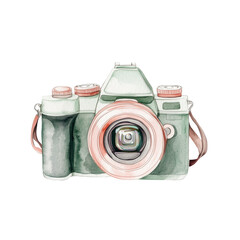 Watercolor vintage camera with on a white background