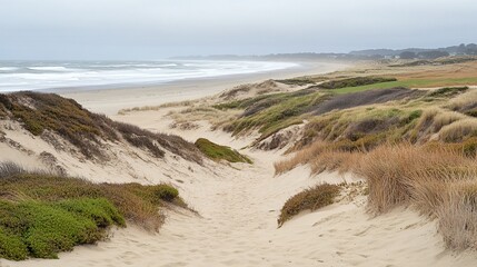Coastal dunescape path leading to a wide, wave-swept beach under an overcast sky.  Vegetation thrives amidst the sand