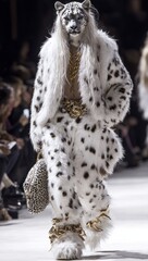 Obraz premium A striking model walks the runway in a fashionable leopard print ensemble, showcasing bold styling and opulent accessories that exude confidence and modern fashion trends.