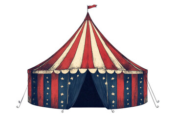 Vintage circus tent illustration displaying classic striped design and flag, evoking nostalgia for traditional circus culture in a vibrant setting
