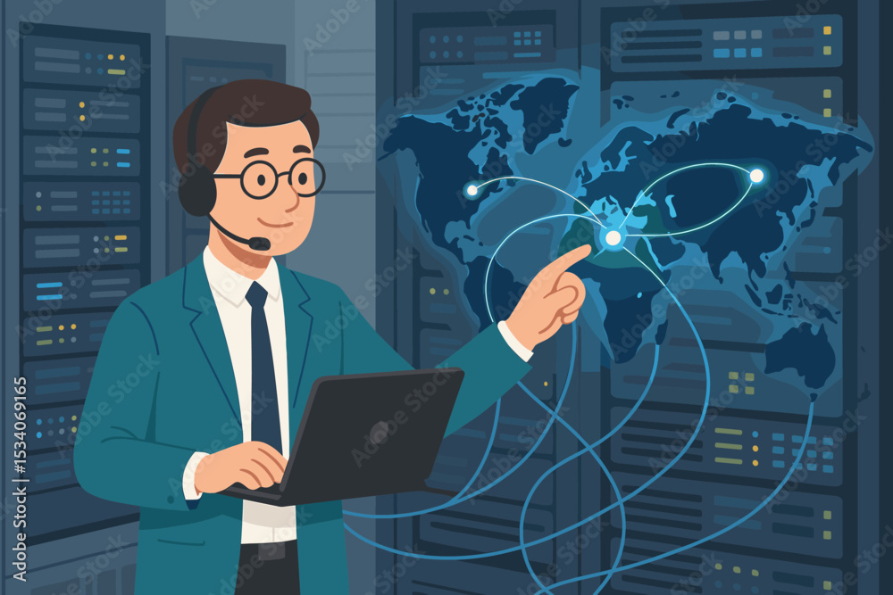 Poster it administrator in data center managing global network. engineer with laptop working in server room