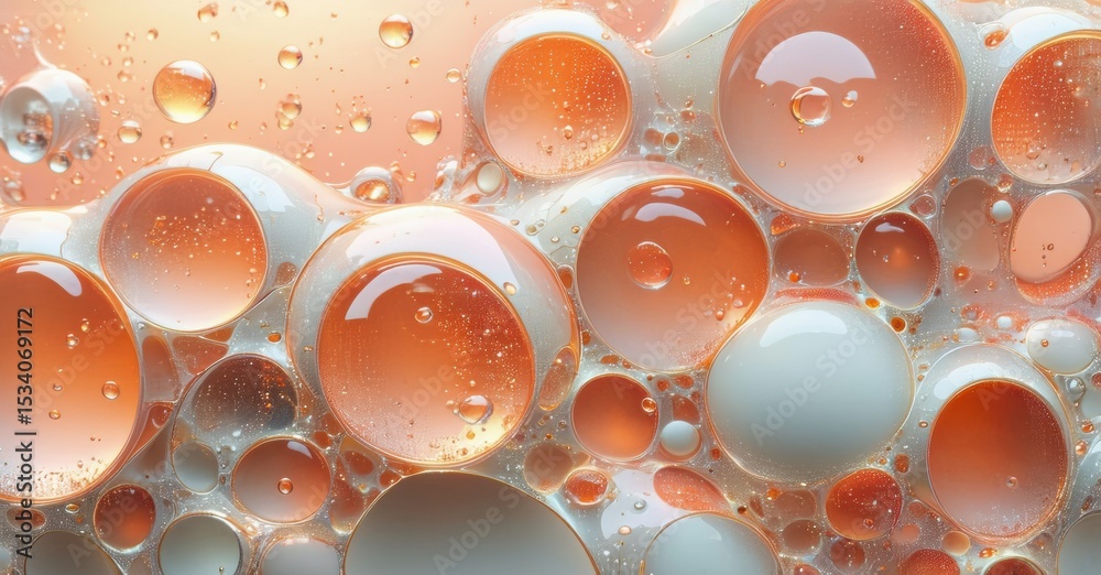Aufkleber Abstract fluid dynamics. Colorful oil droplets mix, creating vibrant patterns. Soft lighting highlights spherical shapes, texture visible.