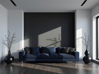 Modern Living Room Shadow Play with Dark Blue Sofa and Dried Branches