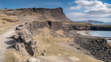 Coastal path winds beside a dramatic cliff face, leading to a tranquil bay under a partly cloudy sky.  Dry, rocky terrain