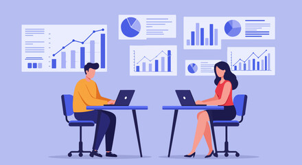 Man and woman working on laptops in a professional office setting with floating charts and graphs