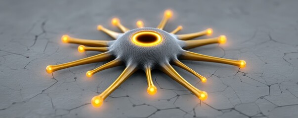 A 3D illustration of a neuron with glowing synaptic terminals on a cracked surface, highlighting neural connections and signaling.