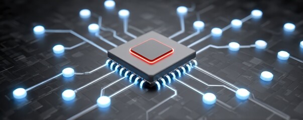 A close-up digital rendering of a microchip connected to glowing blue circuit nodes on a dark, futuristic motherboard.