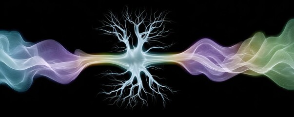 A digital illustration of a neuron with colorful, flowing waveforms extending from its branches against a black background.