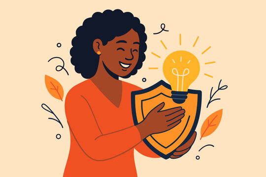 Creative idea protection concept. Happy black woman protects light bulb with a shield. Intellectual property, copyright, patent, and trademark security for creators and authors.