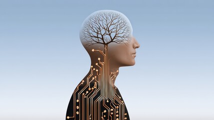 A human head silhouette with a tree inside the brain area, connected to circuit board patterns symbolizing technology and nature integration.
