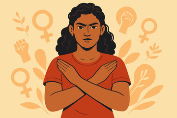 Strong woman with crossed arms showing stop gesture. Feminism and gender equality concept. Break the bias. Vector illustration for women's rights, female empowerment, girl power.