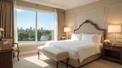 Luxurious hotel room with comfortable bed, elegant decor, and stunning city view through large windows. ambiance is serene and inviting