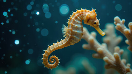 Vibrant seahorse gracefully swims among coral, showcasing its unique shape and texture serene underwater environment. soft bokeh effect adds