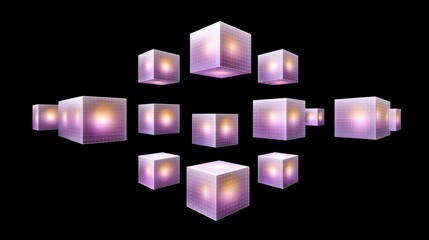 Floating digital cubes emitting a glowing purple and yellow light on a black background, creating a futuristic and abstract 3D grid pattern.