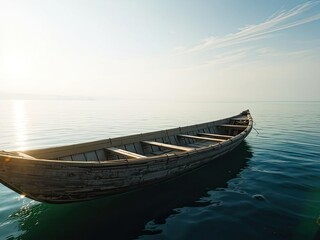 Obraz premium Rustic Wooden Rowboat on Tranquil Water