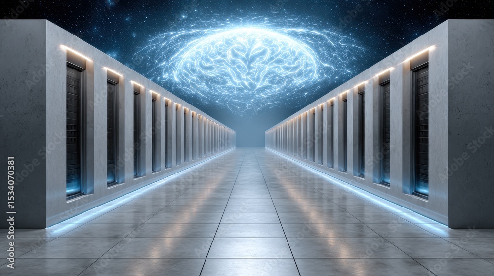 Poster a futuristic server room with glowing data racks and a large, illuminated digital brain hovering abo