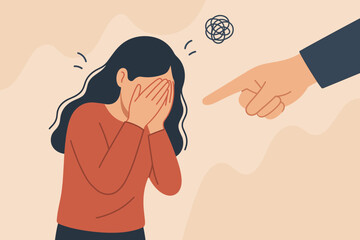 Accusation and shame concept. Finger pointing at a sad, depressed woman. Victim of bullying and harassment feeling guilty and stressed. Psychological pressure and mental health issue.