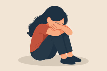 Obraz premium Sad depressed young woman crying alone on the floor. Vector concept of mental health problems, anxiety, sorrow, loneliness, grief, despair, bullying. Unhappy frustrated person.