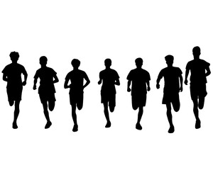 Silhouette of crowd of young people running, morning jogging, isolated icon on white background.