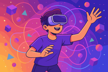 Boy in VR glasses explores metaverse. Man with headset in virtual reality. Futuristic technology, gaming, cyberspace concept. Person interacting with abstract digital world. Vector.