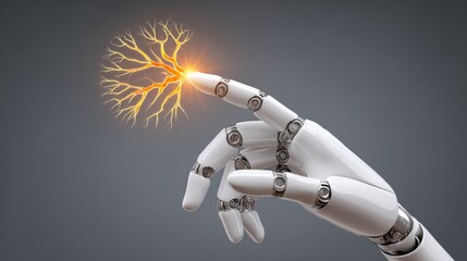 A robotic hand touches a glowing, branching neural network, symbolizing artificial intelligence and the fusion of technology with human-like cognition.