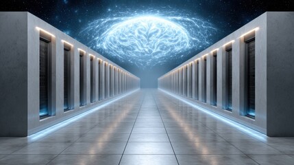 A futuristic server room with glowing data racks and a large, illuminated digital brain hovering above, symbolizing AI and advanced computing.